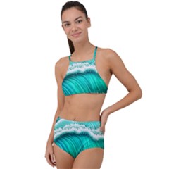 Ocean Waves Design In Pastel Colors High Waist Tankini Set