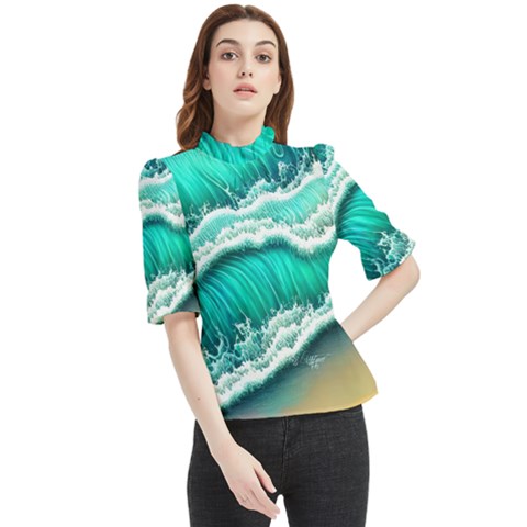 Ocean Waves Design In Pastel Colors Frill Neck Blouse by GardenOfOphir