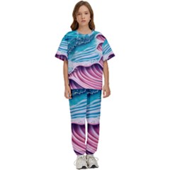 Pink Wave Crashing On The Shore Kids  Tee And Pants Sports Set