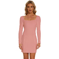 Candlelight Peach Pink	 - 	long Sleeve Square Neck Bodycon Velvet Dress