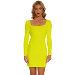 Lemon Glacier Yellow	 - 	long Sleeve Square Neck Bodycon Velvet Dress