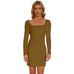 Dirt Brown	 - 	long Sleeve Square Neck Bodycon Velvet Dress