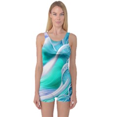 Pastel Simple Wave One Piece Boyleg Swimsuit