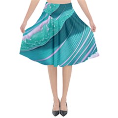 Pink Ocean Waves Flared Midi Skirt by GardenOfOphir