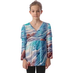 Waves Of The Ocean Kids  V Neck Casual Top