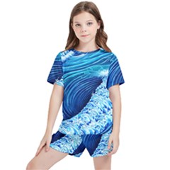 Simple Blue Ocean Wave Kids  Tee And Sports Shorts Set by GardenOfOphir