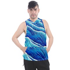 Blue Ocean Wave Watercolor Men s Sleeveless Hoodie by GardenOfOphir