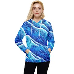 Blue Ocean Wave Watercolor Women s Lightweight Drawstring Hoodie by GardenOfOphir