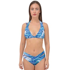 Abstract Blue Wave Double Strap Halter Bikini Set