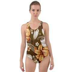 White And Yellow Floral Lilies Background Surface Cut-out Back One Piece Swimsuit