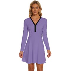 Bougain Villea Purple	 - 	long Sleeve Deep V Mini Dress