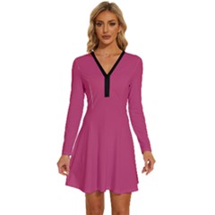 Fuchsia Rose	 - 	long Sleeve Deep V Mini Dress