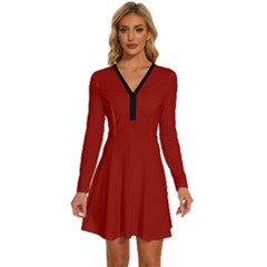 Cherry Red	 - 	long Sleeve Deep V Mini Dress