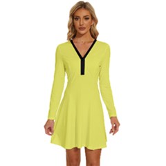 Laser Lemon Yellow	 - 	long Sleeve Deep V Mini Dress