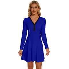 Admiral Blue	 - 	long Sleeve Deep V Mini Dress