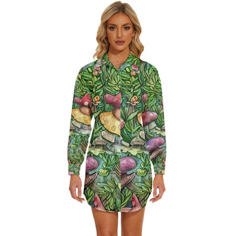 Sacred Mushroom Charm Womens Long Sleeve Shirt Dress by GardenOfOphir