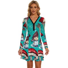 Magic Mushroom Long Sleeve Deep V Mini Dress  by GardenOfOphir