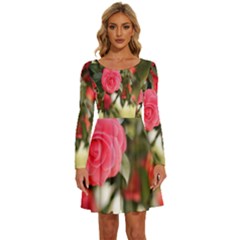 Flower Long Sleeve Wide Neck Velvet Dress by artworkshop