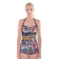 Water Droplets Boyleg Halter Swimsuit 