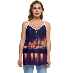 Night Houses River Bokeh Leaves Casual Spaghetti Strap Chiffon Top by Ravend