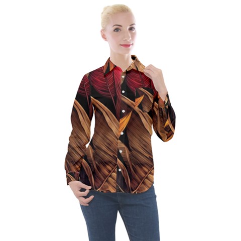 Ai Generated Leaves Tropical Palm Women s Long Sleeve Pocket Shirt by Ravend