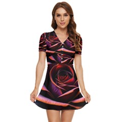 Purple Flower Rose Flower Black Background V-neck High Waist Chiffon Mini Dress by Ravend