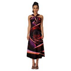 Purple Flower Rose Flower Black Background Sleeveless Cross Front Cocktail Midi Chiffon Dress by Ravend
