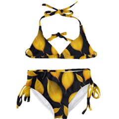 Leaves Foliage Pattern Metallic Gold Background Kids  Classic Bikini Set by Ravend