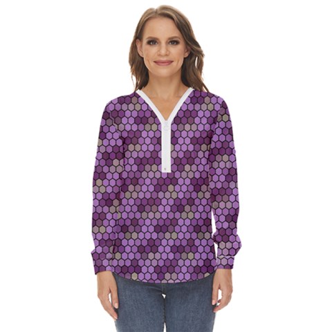 Pattern Seamless Design Decorative Hexagon Shapes Zip Up Long Sleeve Blouse by Ravend