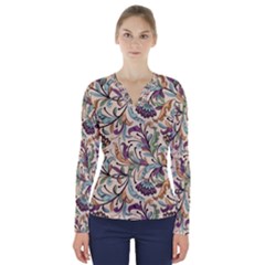 Wallpaper Floral Pattern Floral Wallpaper Background V-neck Long Sleeve Top by Ravend