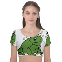 Frog With A Cowboy Hat Velvet Short Sleeve Crop Top  by Teevova