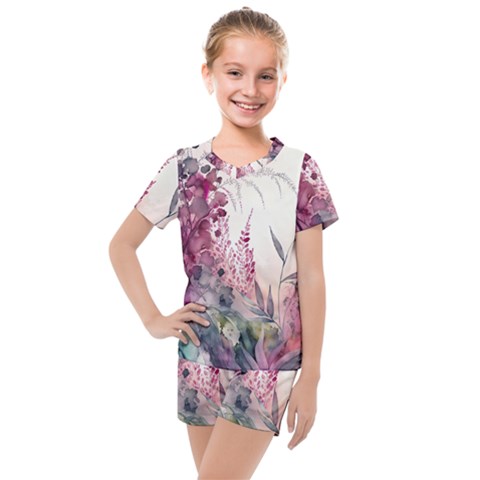 Ai Generated Flowers Watercolour Nature Plant Kids  Mesh Tee And Shorts Set by Ravend