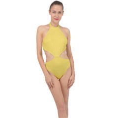 Naples Yellow	 - 	halter Side Cut Swimsuit by ColorfulSwimWear