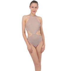 Toasted Almond Brown	 - 	halter Side Cut Swimsuit by ColorfulSwimWear