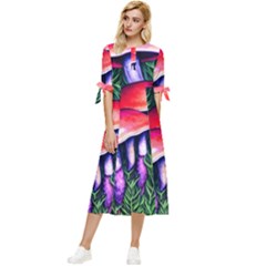 Vintage Flowery Garden Nature Mushroom Bow Sleeve Chiffon Midi Dress