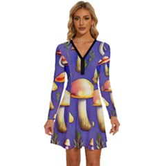 Farmcore Mushrooms Long Sleeve Deep V Mini Dress  by GardenOfOphir