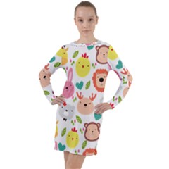 Cute Animals Cartoon Seamless Background Long Sleeve Hoodie Dress