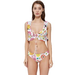Cute Animals Cartoon Seamless Background Low Cut Ruffle Edge Bikini Set by Jancukart