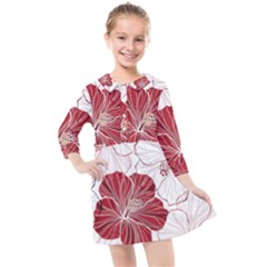 Red Hibiscus Flowers Art Kids  Quarter Sleeve Shirt Dress by Jancukart