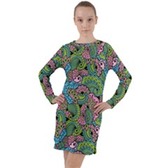 Background Texture Paisley Pattern Long Sleeve Hoodie Dress