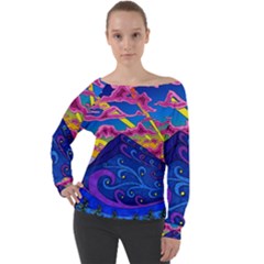 Psychedelic Colorful Lines Nature Mountain Trees Snowy Peak Moon Sun Rays Hill Road Artwork Stars Sk Off Shoulder Long Sleeve Velour Top by Jancukart