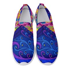 Psychedelic Colorful Lines Nature Mountain Trees Snowy Peak Moon Sun Rays Hill Road Artwork Stars Sk Women s Slip On Sneakers