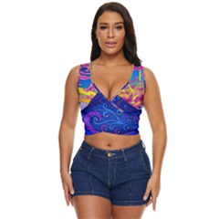 Psychedelic Colorful Lines Nature Mountain Trees Snowy Peak Moon Sun Rays Hill Road Artwork Stars Sk Women s Sleeveless Wrap Top by Jancukart