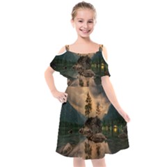 Nature Waters Lake Island Landscape Thunderstorm Kids  Cut Out Shoulders Chiffon Dress by Jancukart