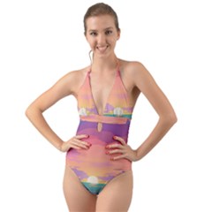 Sunset Ocean Beach Water Tropical Island Vacation 4 Halter Cut-out One Piece Swimsuit