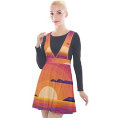 Sunset Ocean Beach Water Tropical Island Vacation Landscape Plunge Pinafore Velour Dress by Pakemis