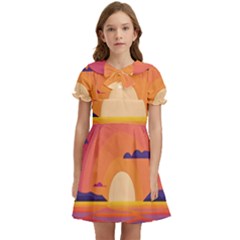 Sunset Ocean Beach Water Tropical Island Vacation Landscape Kids  Bow Tie Puff Sleeve Dress by Pakemis