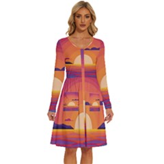 Sunset Ocean Beach Water Tropical Island Vacation Landscape Long Sleeve Dress With Pocket by Pakemis