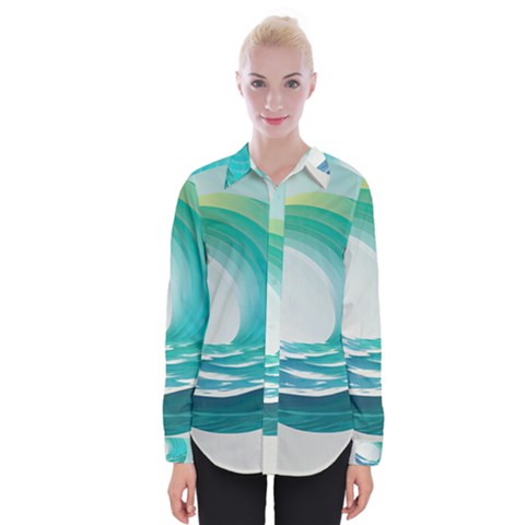 Tsunami Tidal Wave Wave Minimalist Ocean Sea 2 Womens Long Sleeve Shirt by Pakemis