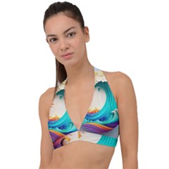 Tsunami Tidal Wave Wave Minimalist Ocean Sea 3 Halter Plunge Bikini Top by Pakemis